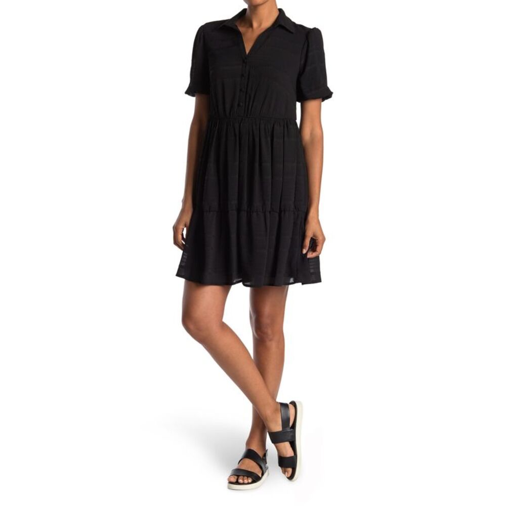 NWT KENSIE DRESSES Womens Black Lined Button Front Short Sleeve Sheath Dress 4